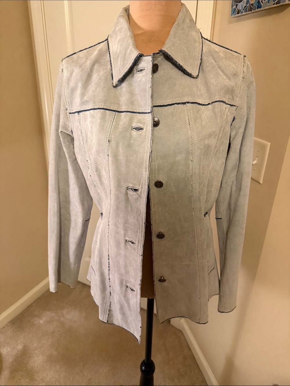 Light Blue Suede Button-Front Jean Jacket